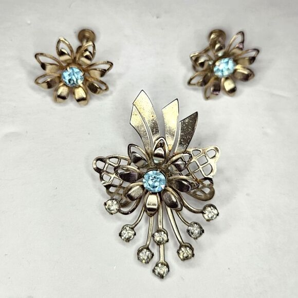 Vintage Demi Parure Blue Rhinestone Floral Screw Back Brooch Pin Earring Set - Picture 5 of 10